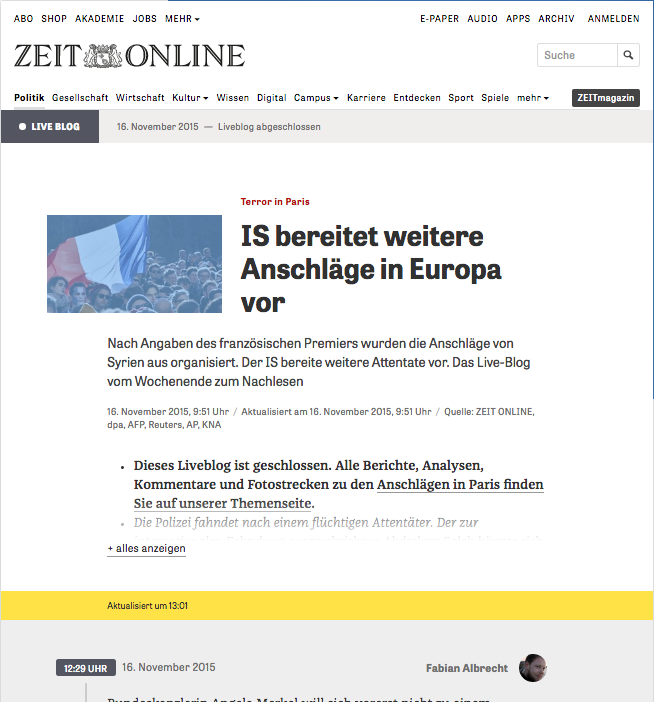 Live Blog in action on the ZEIT ONLINE website